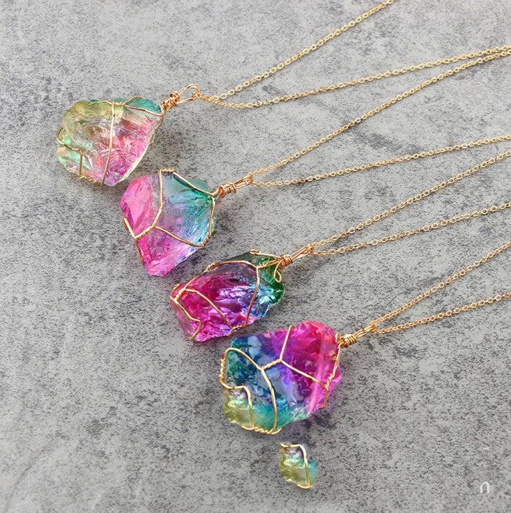 Seven-color Rough Stone Crystal Necklace
