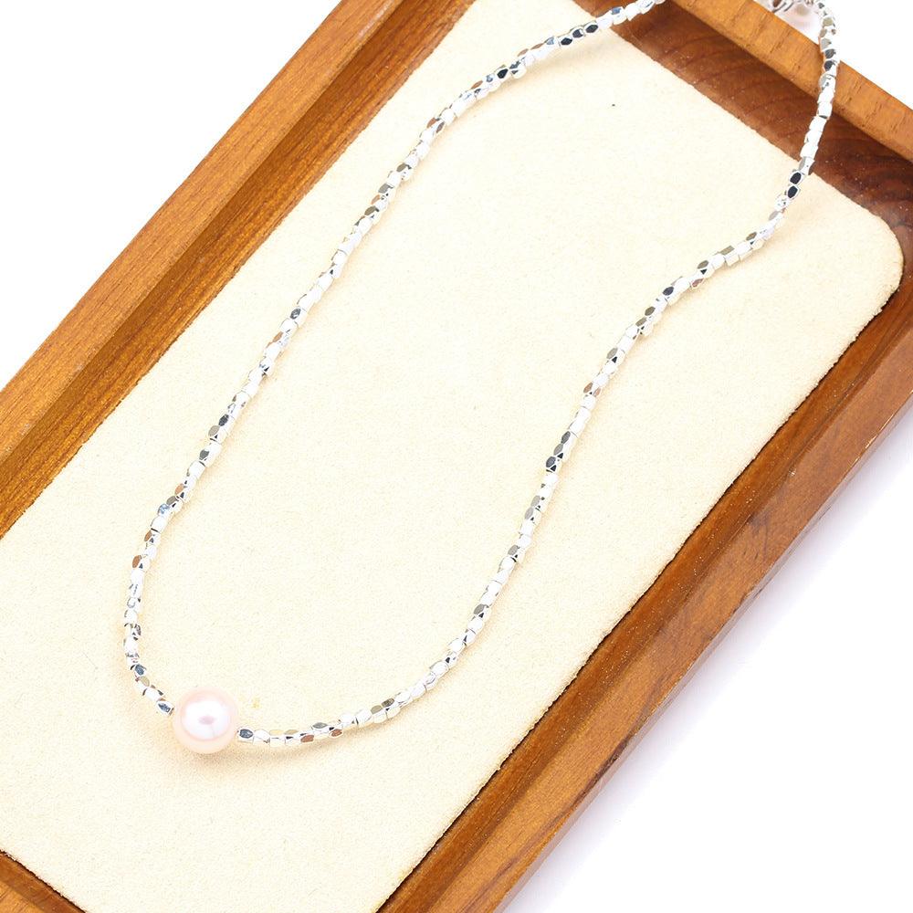 Broken Silver Necklace with Natural Pearl Pendant B