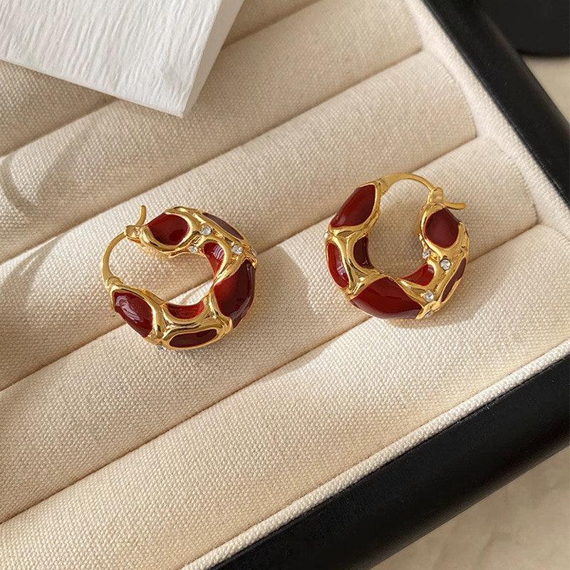 Metal Texture Small Hoop Earrings | Daily Wear Red