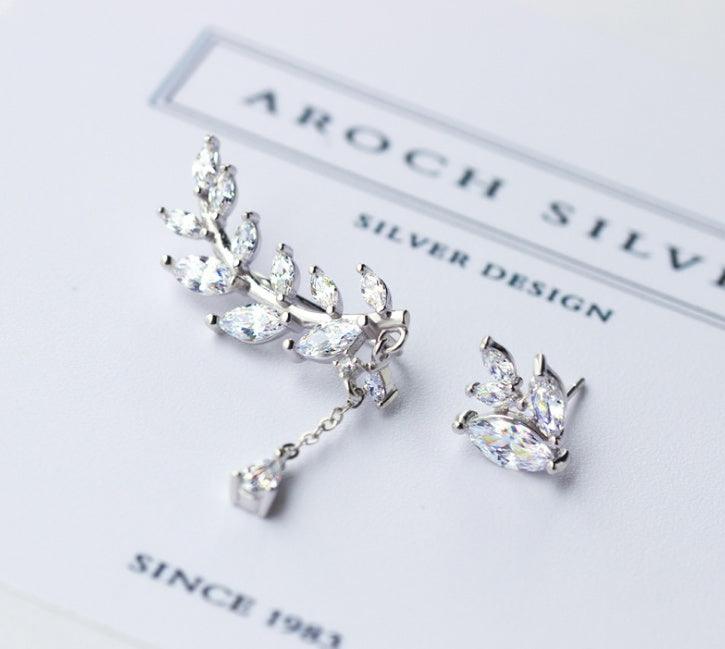 Korean Diamond Leaves Asymmetrical Earring