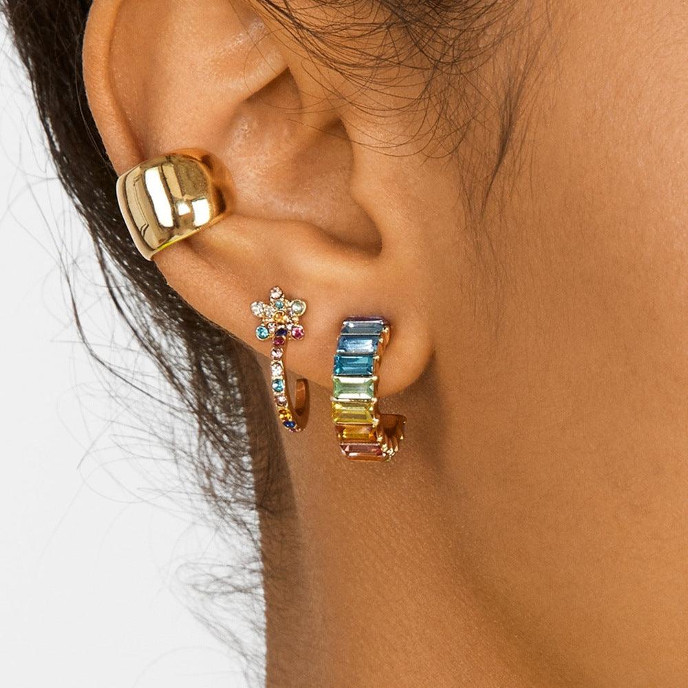 Multicolor Glass Diamond C-shaped Earrings