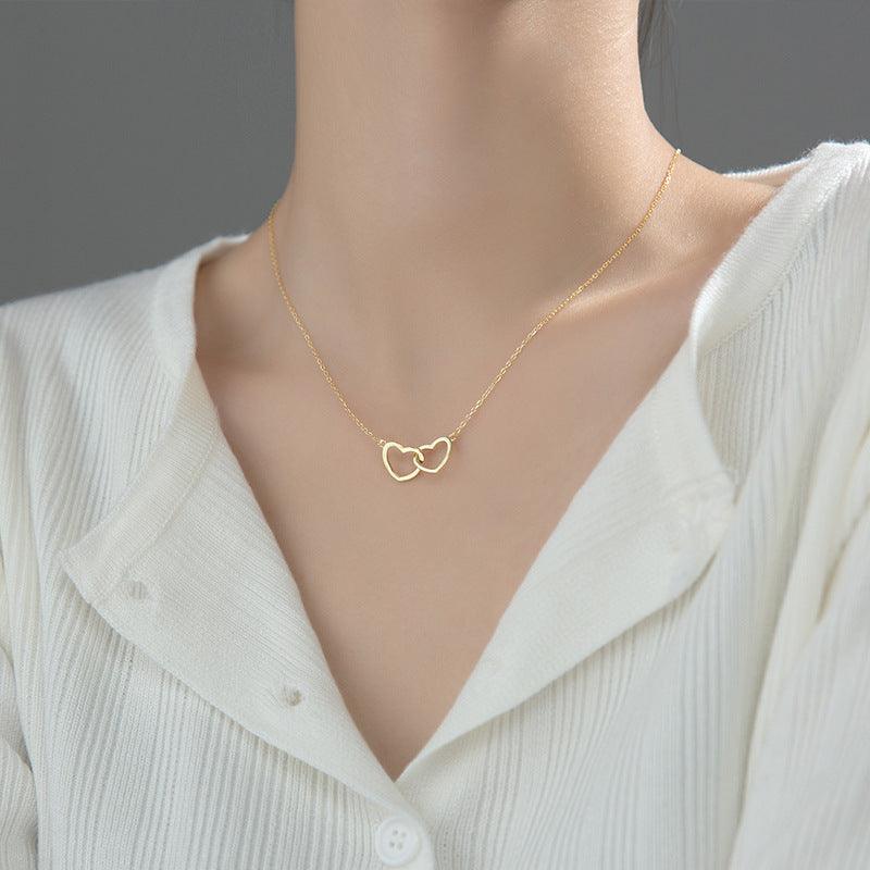 Double Heart Interlocking Titanium Steel Necklace Jewelry Gold
