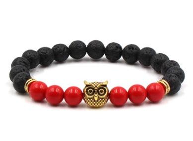 Natural Stone Black Lava Volcanic Stone 8 mm - Bracelet with Gold Alloy Owl Cinnabar