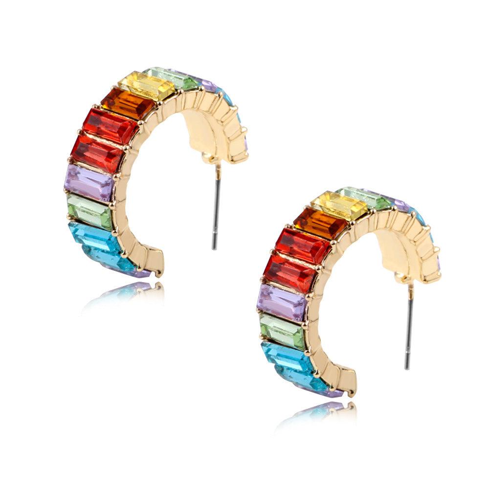 Multicolor Glass Diamond C-shaped Earrings Multicolor 4