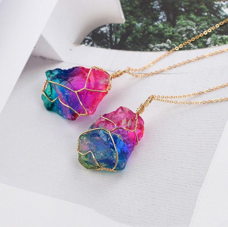 Seven-color Rough Stone Crystal Necklace