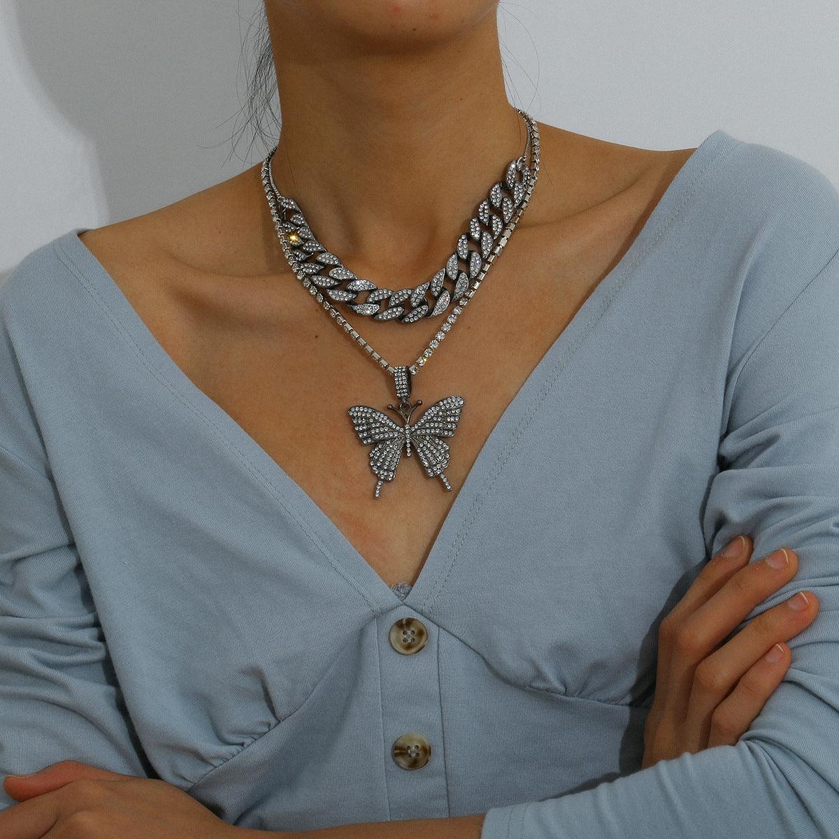 Diamond Butterfly Pendant Necklace | Fashion Jewelry Gunmetal 1