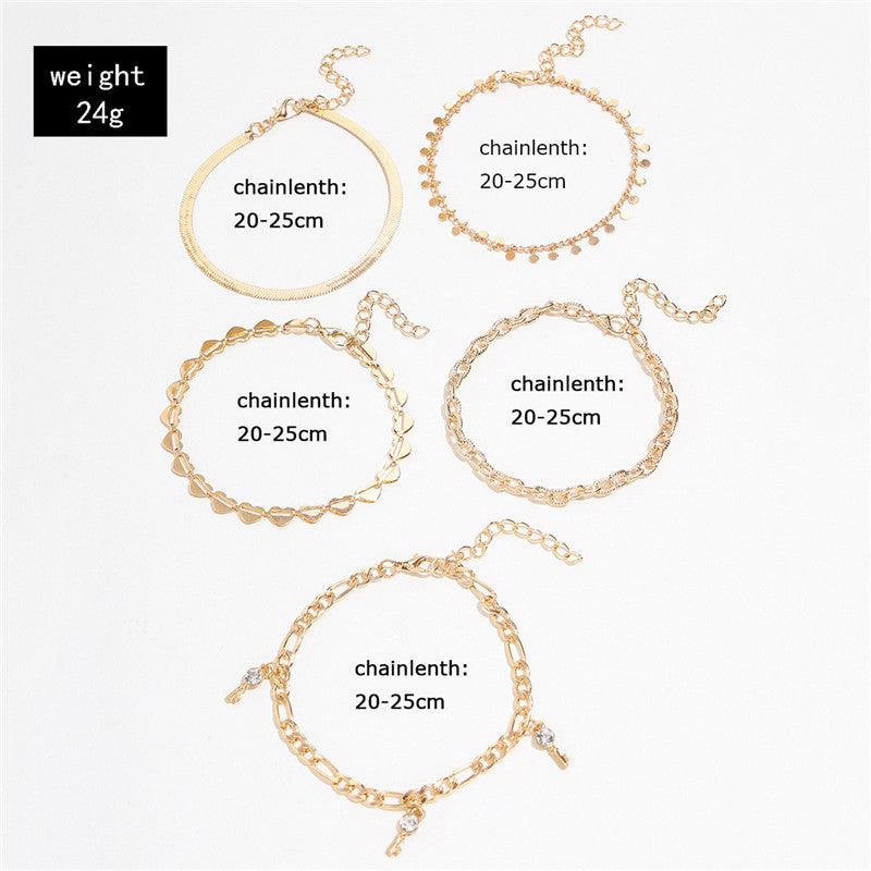 5 Pcs Golden Heart Crystal Key Anklets | Beach Wear
