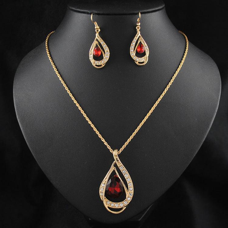 Double Drop Crystal Set - Necklace & Earrings Red