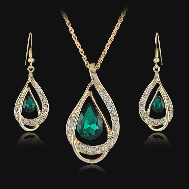 Double Drop Crystal Set - Necklace & Earrings Green