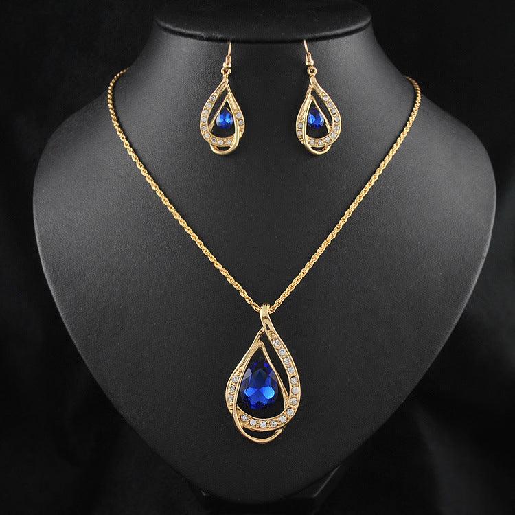 Double Drop Crystal Set - Necklace & Earrings Blue