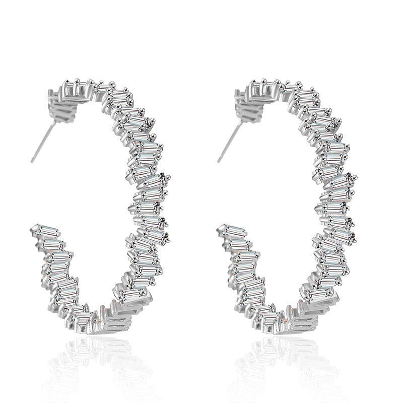 Multicolor Glass Diamond C-shaped Earrings Silver 2