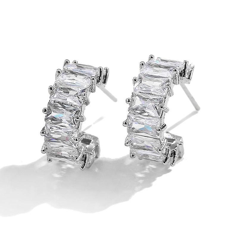 Multicolor Glass Diamond C-shaped Earrings Silver 3