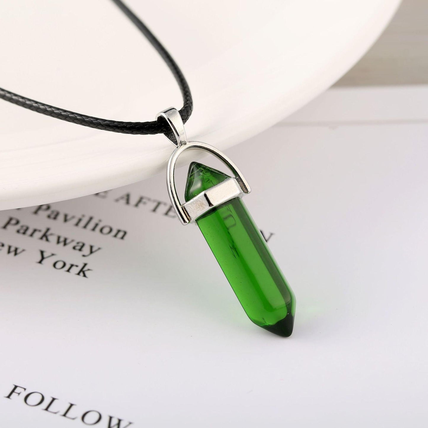 Bullet Stone Hexagon Pendant Necklace Green Crystal