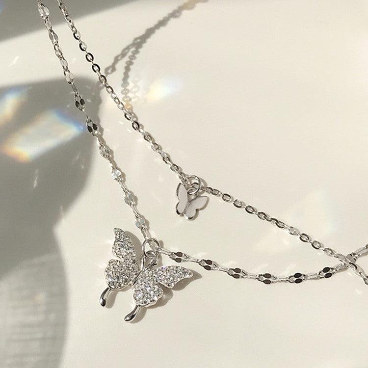 Elegant Silver Butterfly Double Layer Necklace | BoldlyBeautifuls Silver