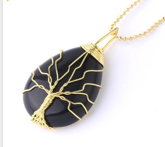 Fashion Stone Pendant with Gold Color Wire Wrap Gem Black Gold Necklace