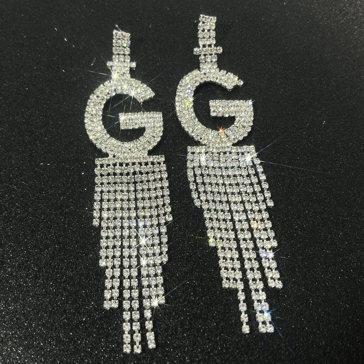 Silver Needle Rhinestone Letter B Earrings Silver G