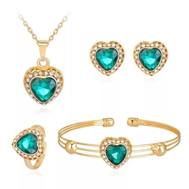 Peach Heart Rhinestone Jewelry Set - Daily Wear Green