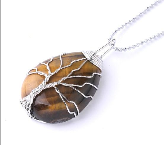 Fashion Stone Pendant with Gold Color Wire Wrap Gem Tiger Eye Silver Necklace