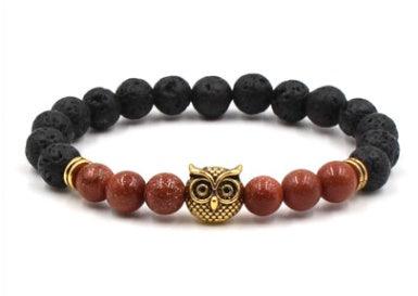 Natural Stone Black Lava Volcanic Stone 8 mm - Bracelet with Gold Alloy Owl Sandstone