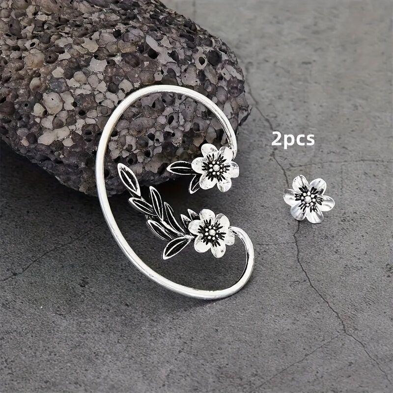 Asymmetric Vintage Plant Flower Ear Hooks Silver