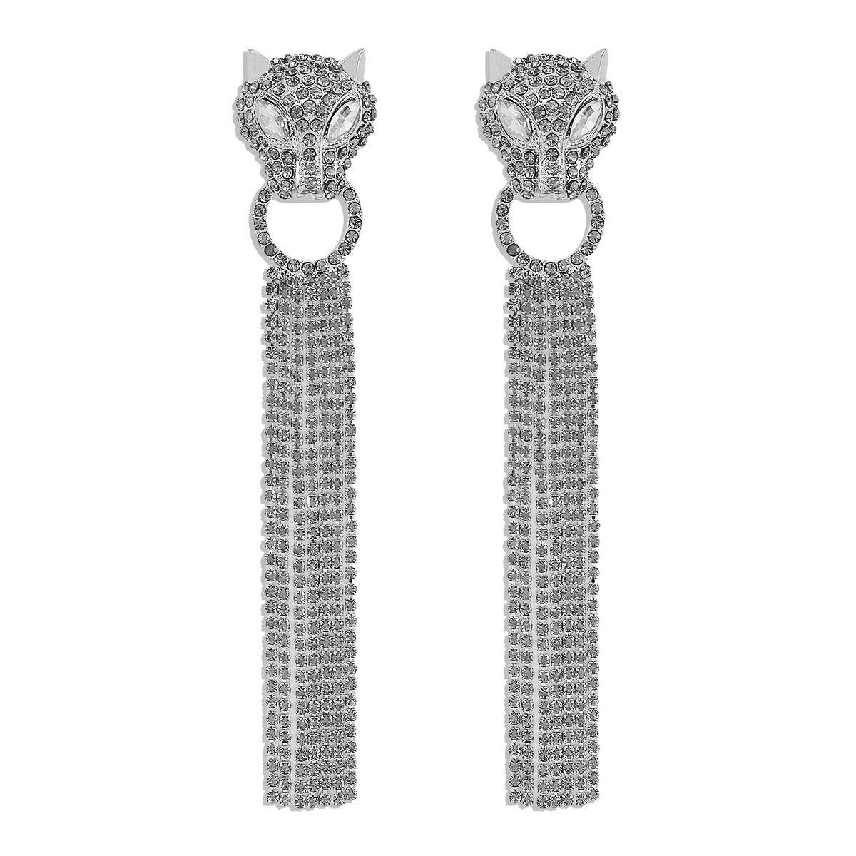 Leopard Head Earrings With Tassel Rhinestones White