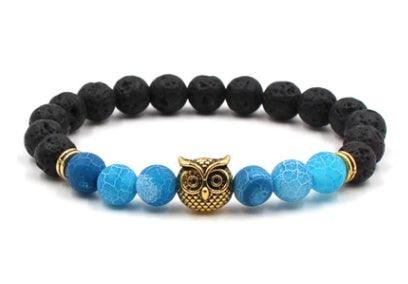 Natural Stone Black Lava Volcanic Stone 8 mm - Bracelet with Gold Alloy Owl Weathered agate