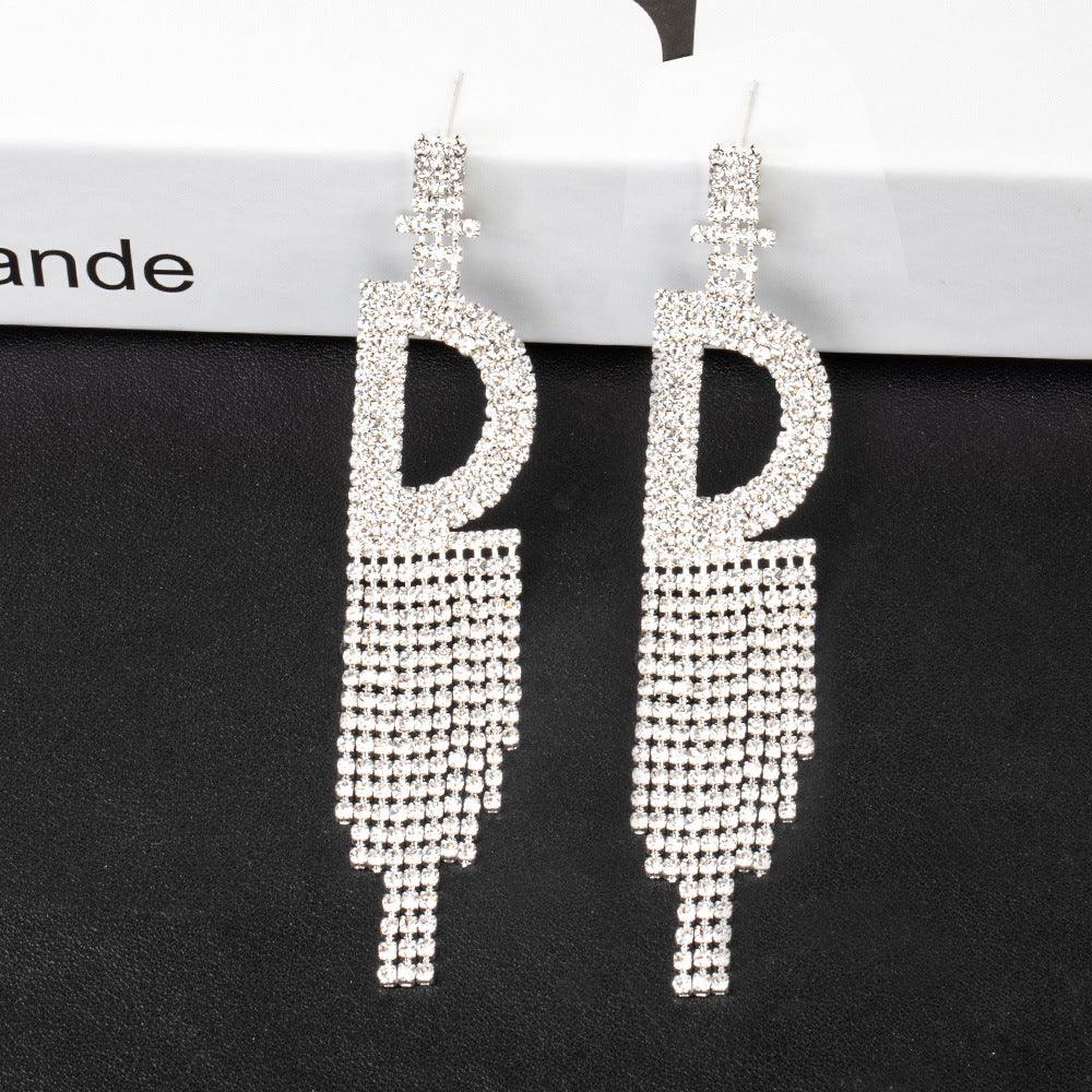 Silver Needle Rhinestone Letter B Earrings Silver D