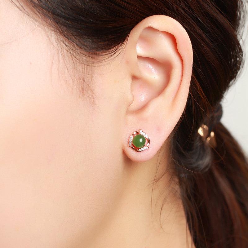 Ethnic Style Green Jade Earrings Sterling Silver and Tianyu