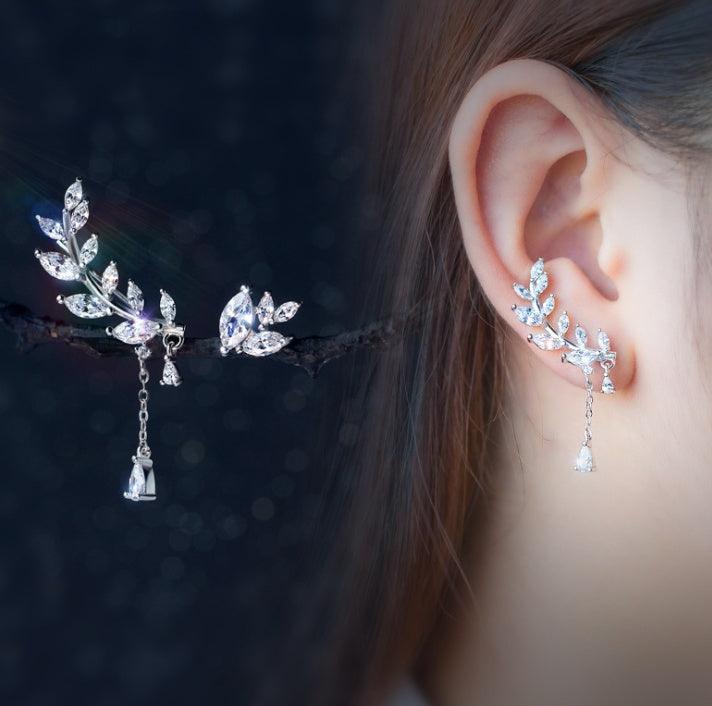 Korean Diamond Leaves Asymmetrical Earring