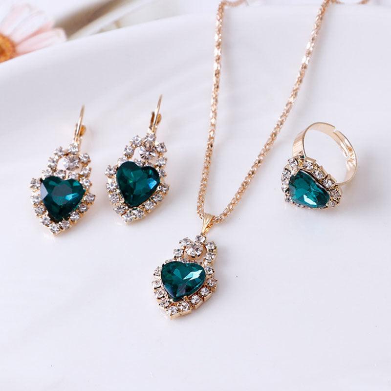 Water Drop Rhinestone Jewelry Set | Daily Wear Heart Green