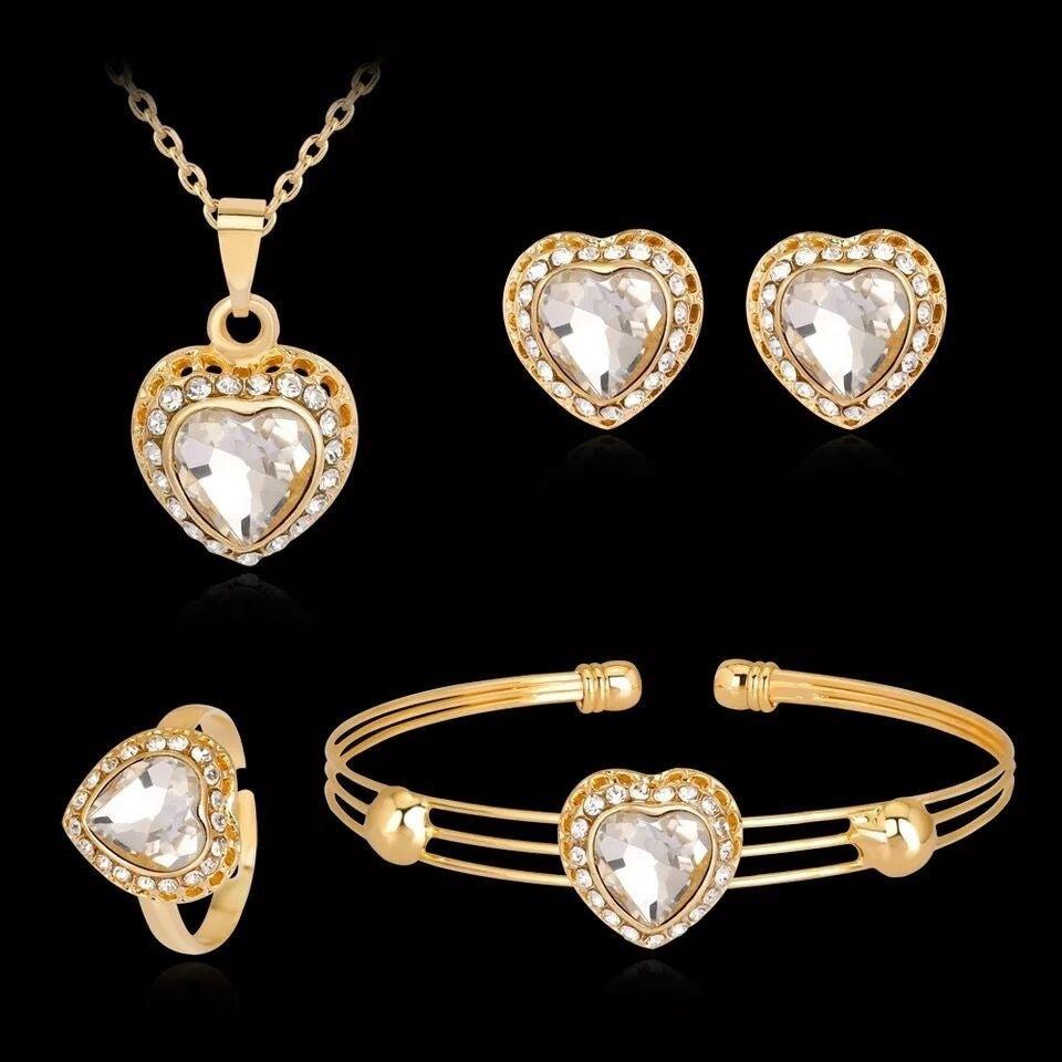 Peach Heart Rhinestone Jewelry Set - Daily Wear White