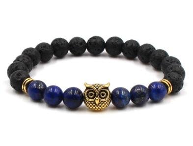 Natural Stone Black Lava Volcanic Stone 8 mm - Bracelet with Gold Alloy Owl Lapis lazuli
