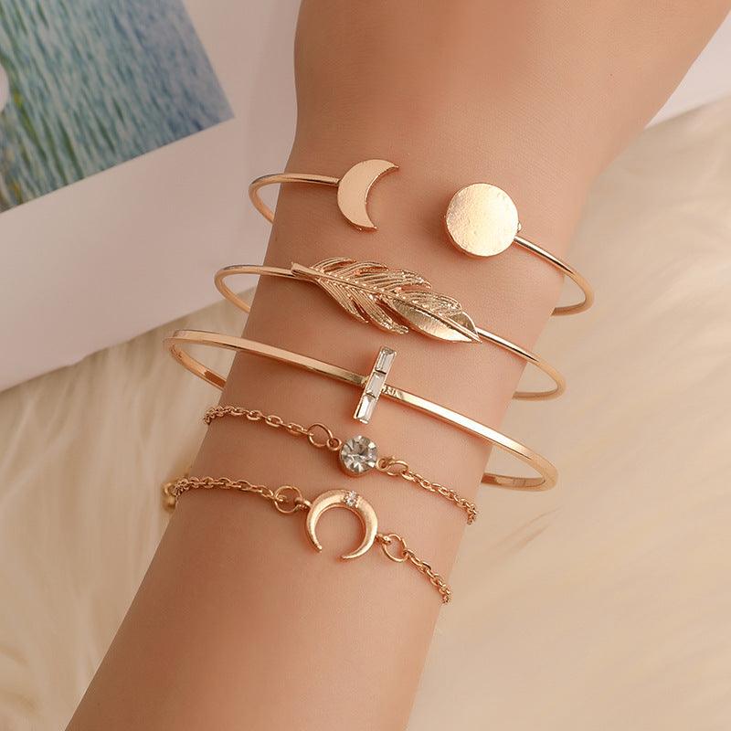 Five Pieces Moon and Leaf Bracelets | Fashion Collection Golden