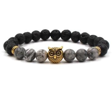 Natural Stone Black Lava Volcanic Stone 8 mm - Bracelet with Gold Alloy Owl Graphic agate