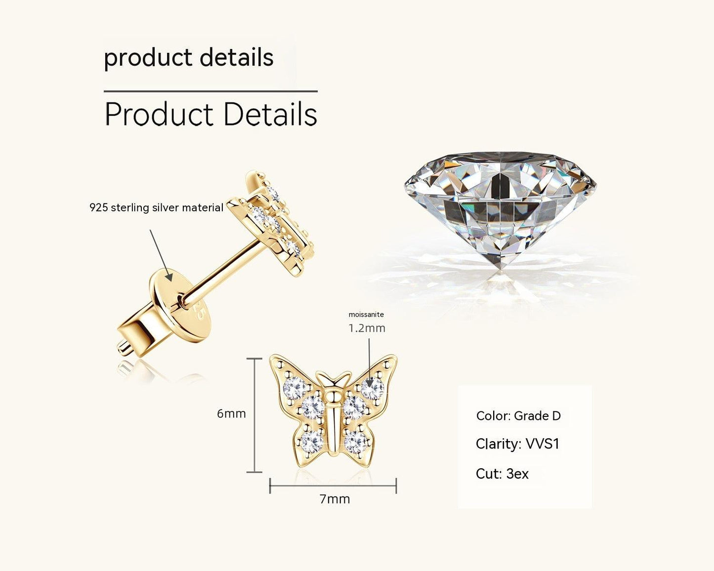 Korean Butterfly Moissanite Earrings Gold Sterling Silver