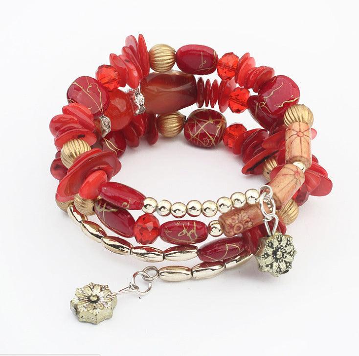 Pine Agate Beaded Multi-Layer Winding Bracelet Red RED