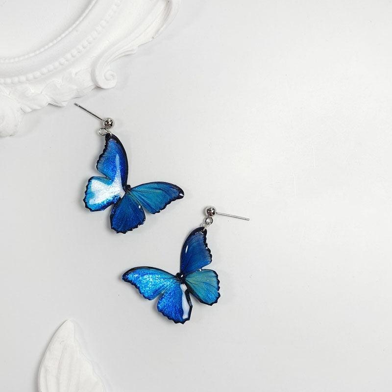 Blue Butterfly Ear Thread Pearl Earrings D