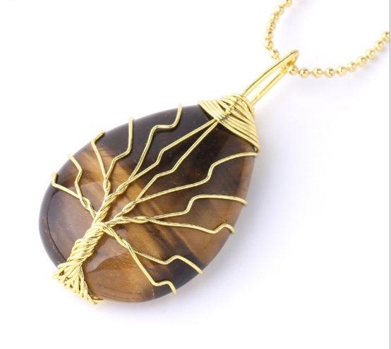 Fashion Stone Pendant with Gold Color Wire Wrap Gem Tiger Eye Gold Necklace