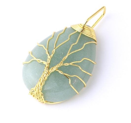Fashion Stone Pendant with Gold Color Wire Wrap Gem Green Gold Pendant