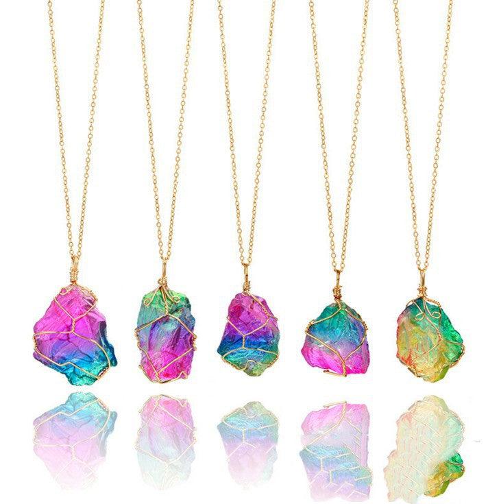 Seven-color Rough Stone Crystal Necklace Gold 1PCS