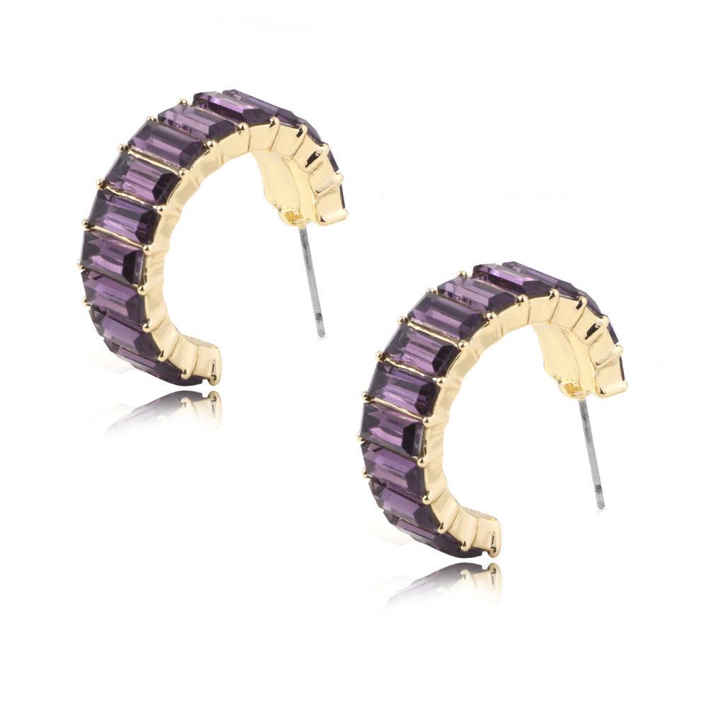 Multicolor Glass Diamond C-shaped Earrings Purple 4