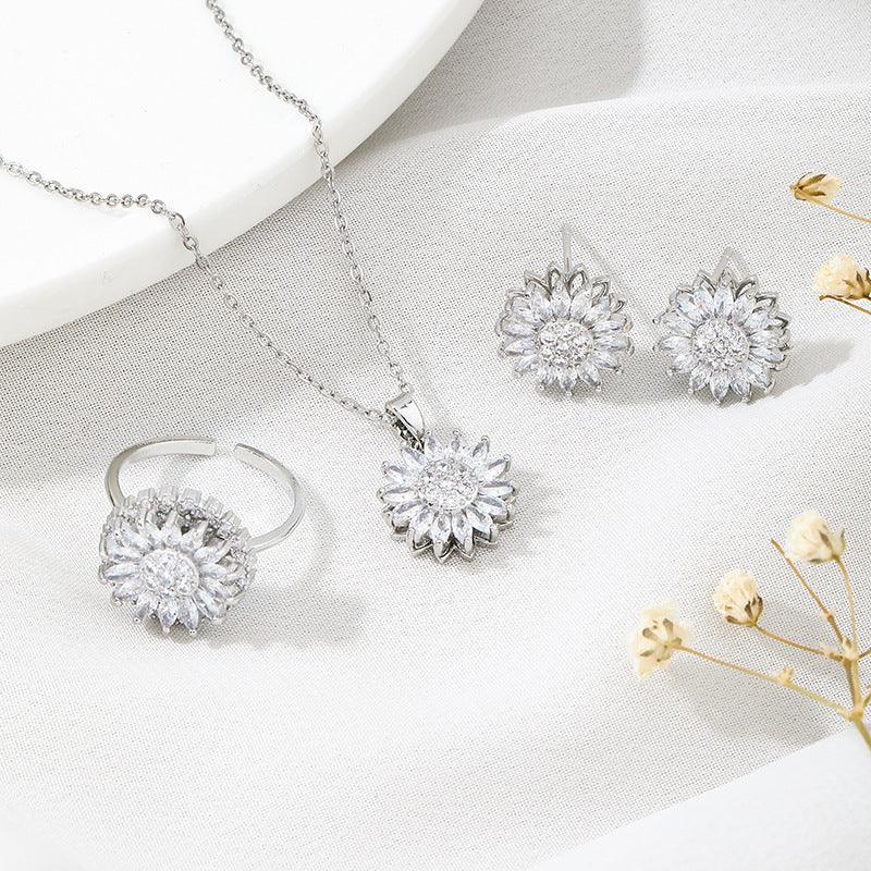 Classic Charm Sunflower Necklace Earrings Set | Daily Wear Silver Sunflower Suit