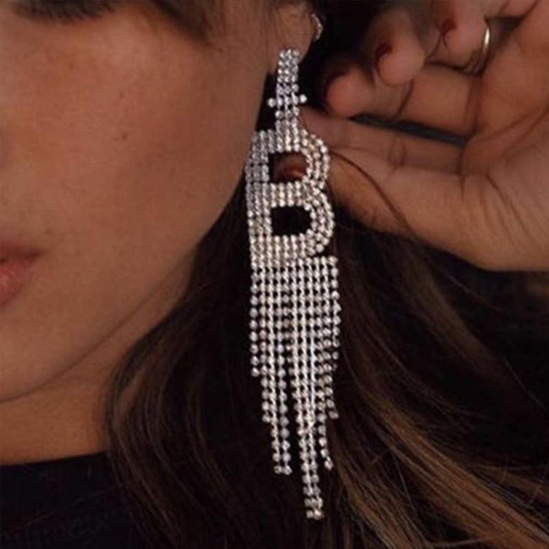 Silver Needle Rhinestone Letter B Earrings Golden
