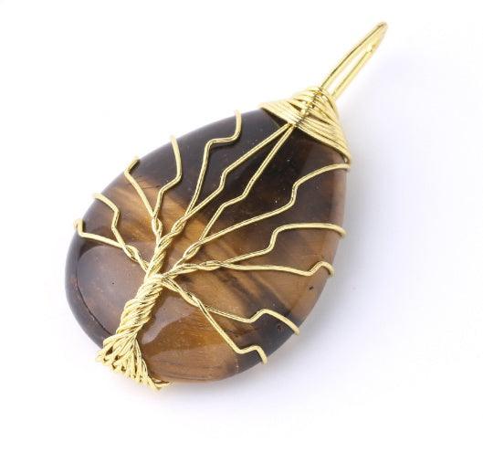 Fashion Stone Pendant with Gold Color Wire Wrap Gem Tiger Eye Gold Pendant