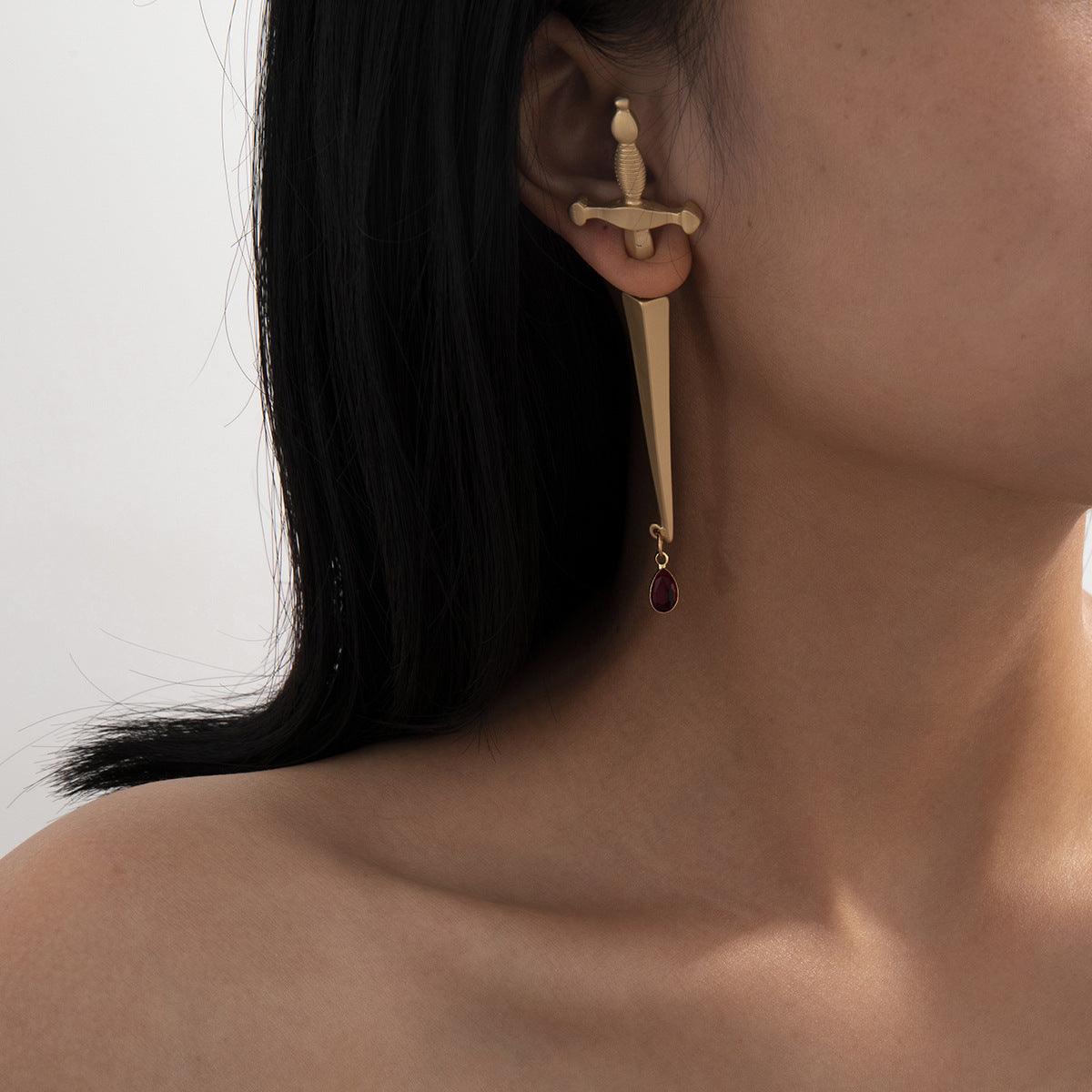 Hip Hop Red Water Drop Cross Earrings