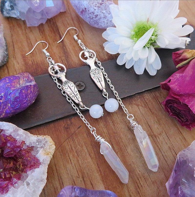 Moonstone And Angel Halo Quartz Wrap Earrings Silver
