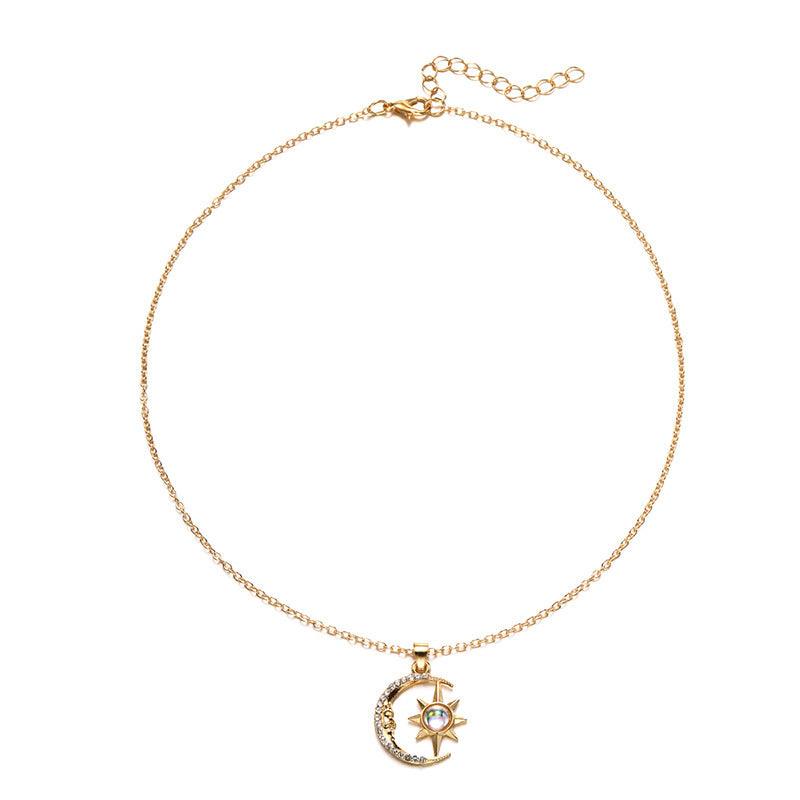 Fashion Moon Star Zircon Pendant Necklace Stainless Steel Jewelry