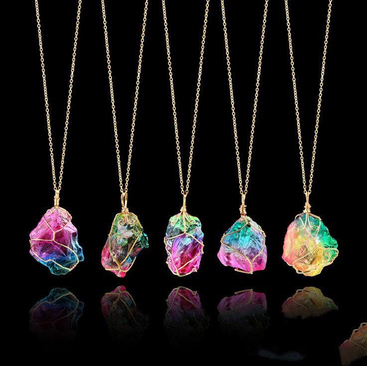 Seven-color Rough Stone Crystal Necklace