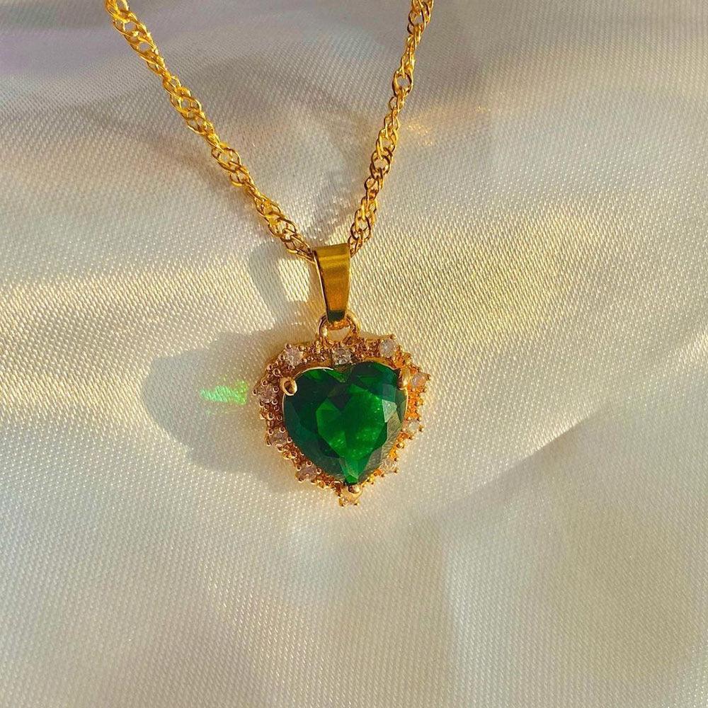 Colorful Rhinestones Heart-shaped Necklace | Daily Wear Green