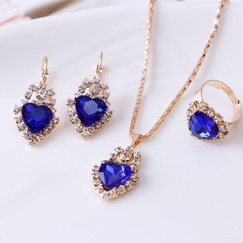 Water Drop Rhinestone Jewelry Set | Daily Wear Heart Royal Blue